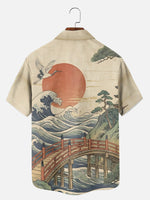 Men's Japanese Bridge & Crane Landscape Camp Collar Short Sleeve Shirt Eleven Oasis