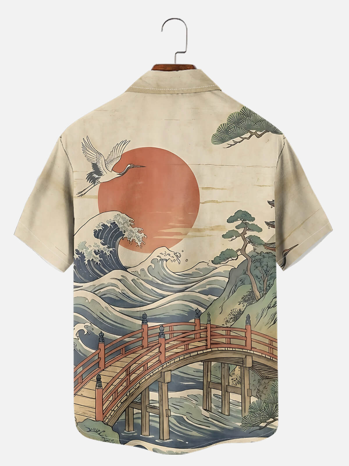Men's Japanese Bridge & Crane Landscape Camp Collar Short Sleeve Shirt Eleven Oasis