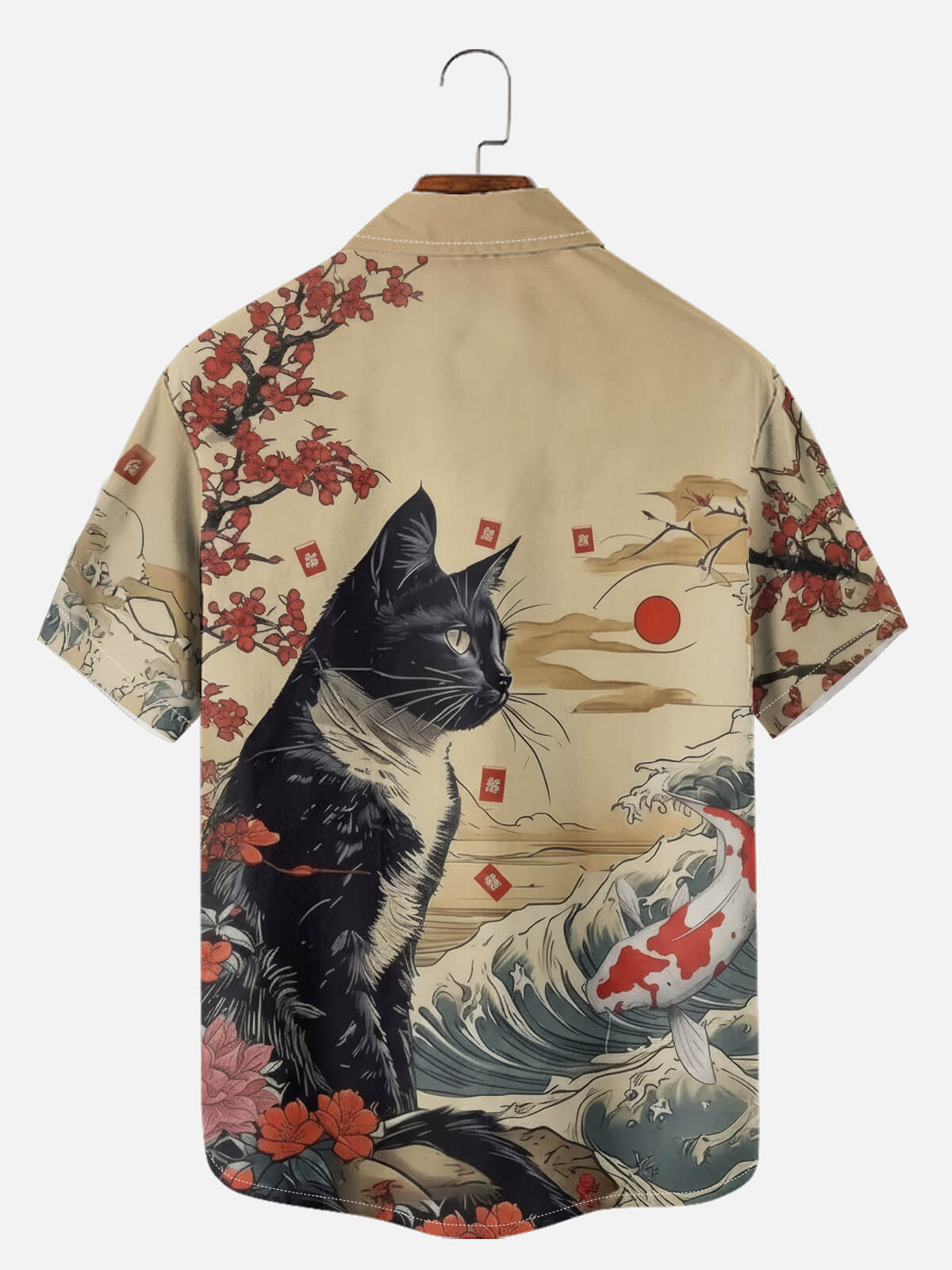 Men's Japanese Cat & Koi Landscape Camp Collar Short Sleeve Shirt Eleven Oasis