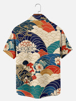 Men's Japanese Seigaiha & Floral Waves Camp Collar Short Sleeve Shirt Eleven Oasis