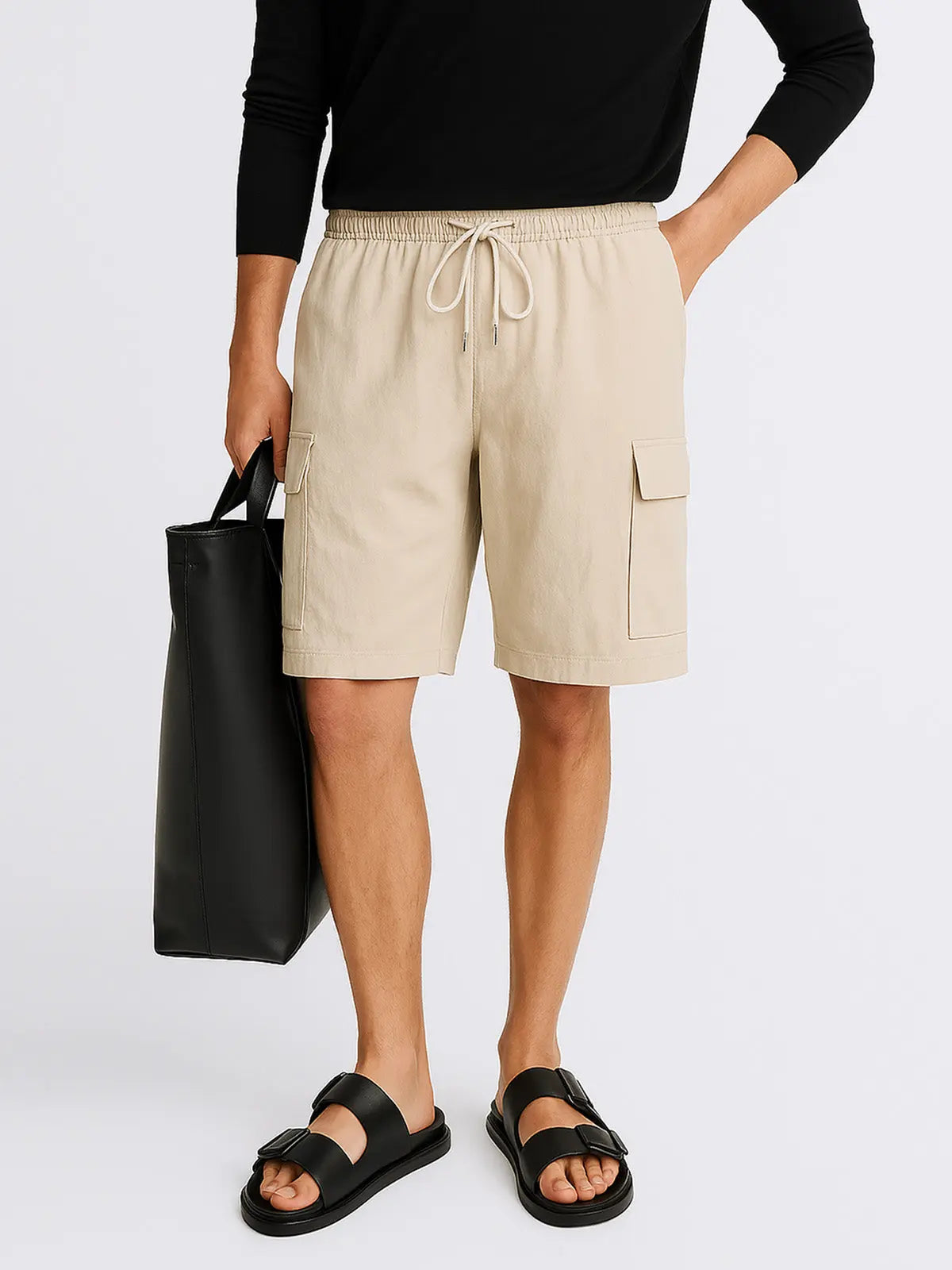 Men's Solid Color Linen Shorts Waist Drawstring Cargo Shorts ElevenOasis