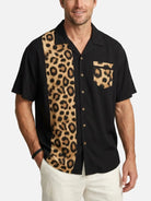 Men's Leopard Print Panel Bowling Short Sleeve Shirt ElevenOasis