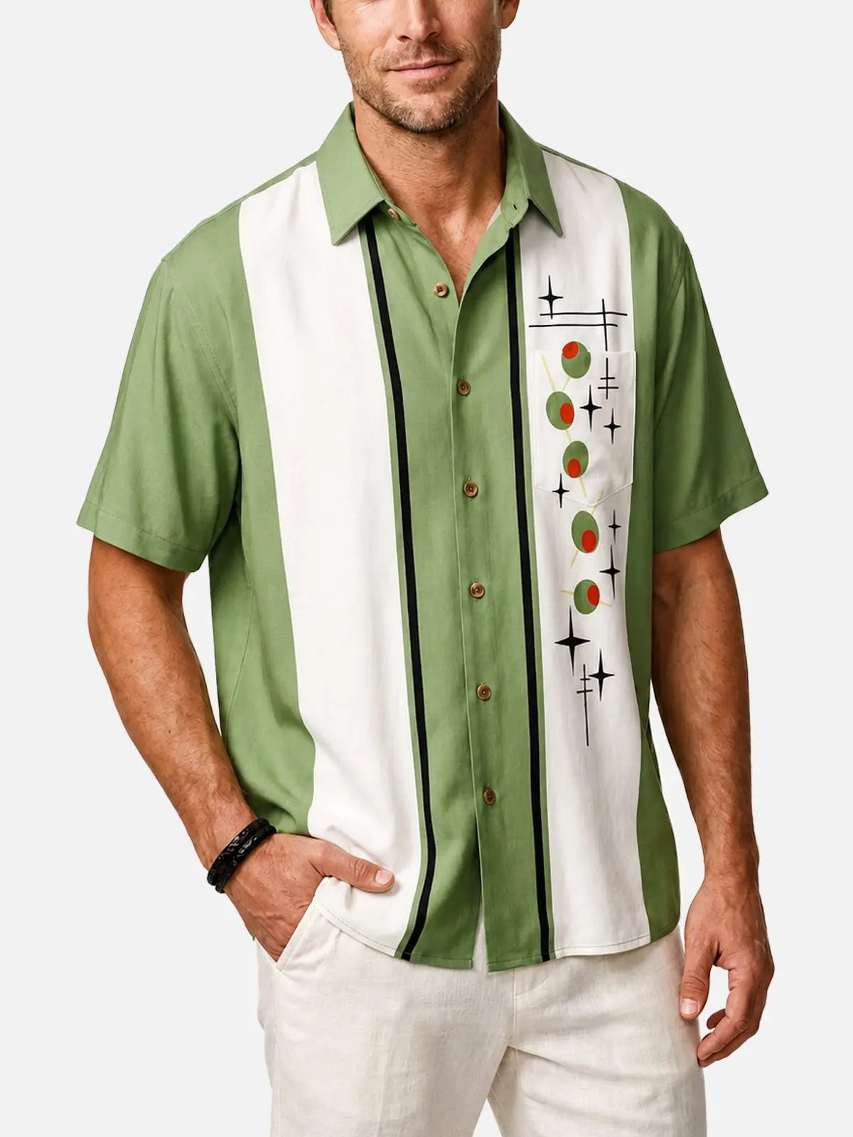 Men's Atomic Olive Starburst Bowling Short Sleeve Shirt ElevenOasis