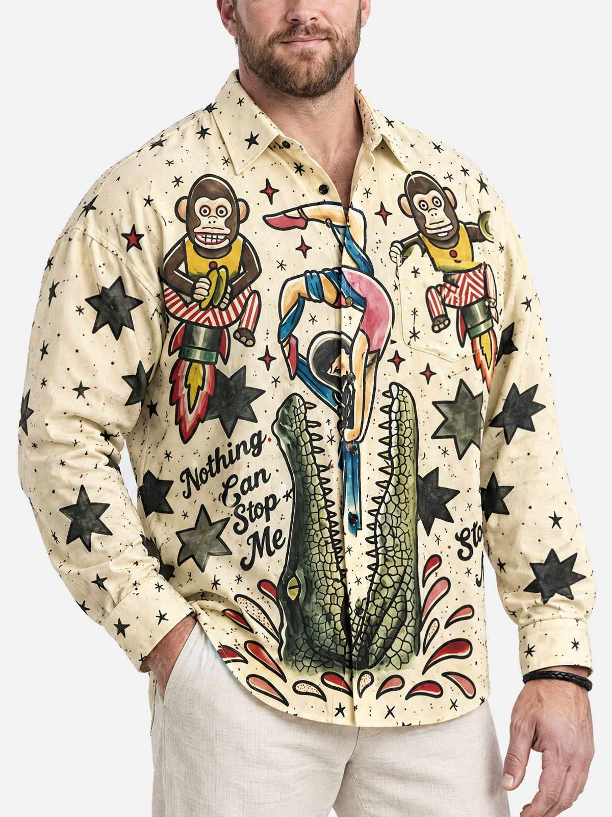 Men's Vintage Circus Print with Crocodile and Monkey Long Sleeve Shirt 