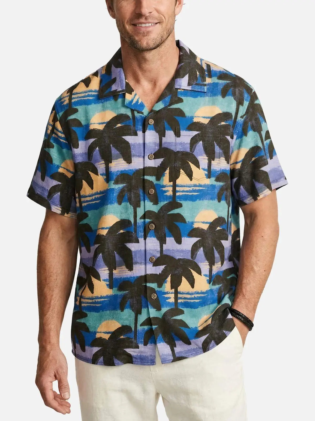 Men's Abstract Palm Sunset Camp Collar Short Sleeve Shirt Eleven Oasis