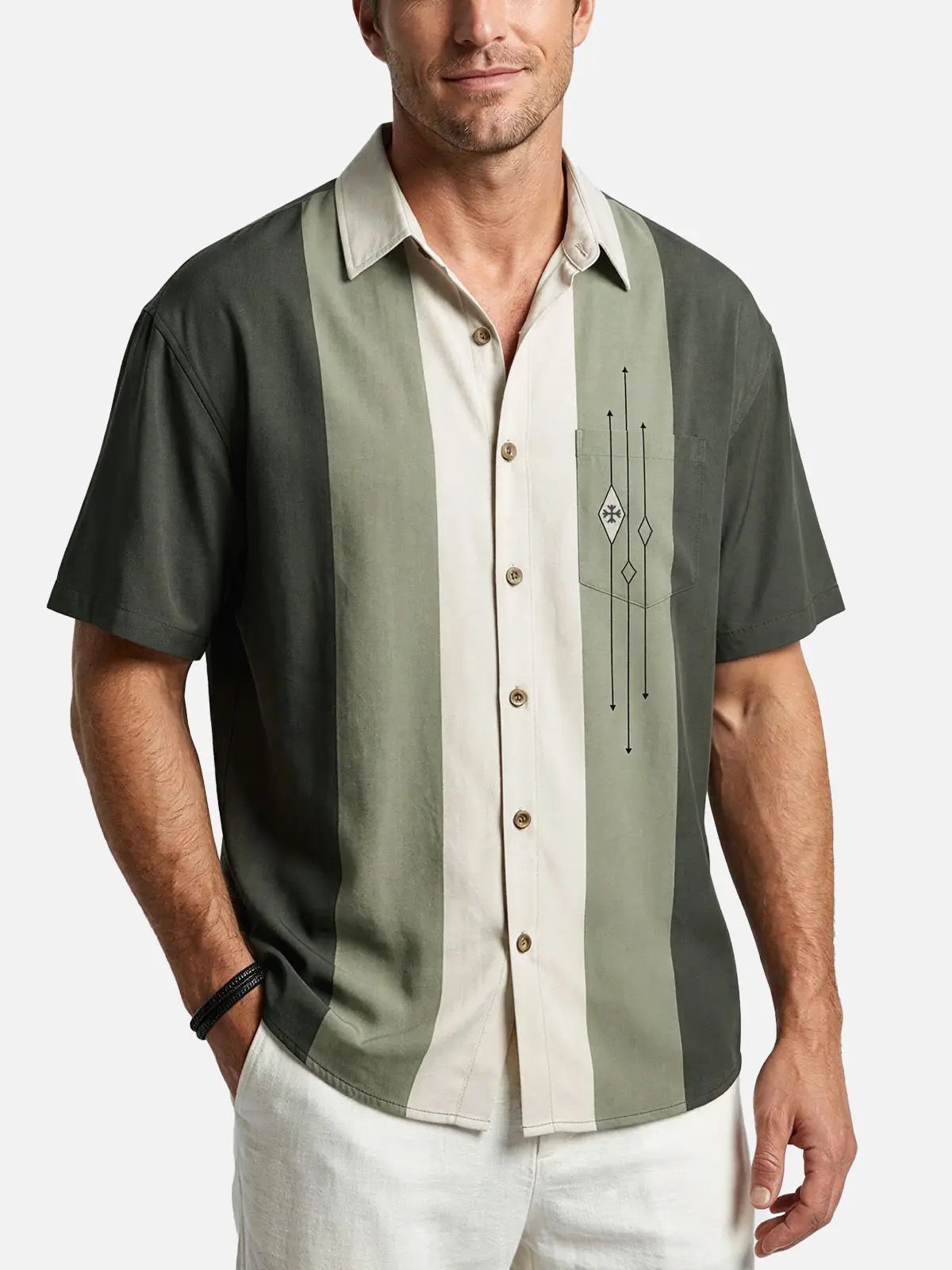 Men's Color-block Striped Casual Breathable Bowling Short Sleeve Shirt ElevenOasis