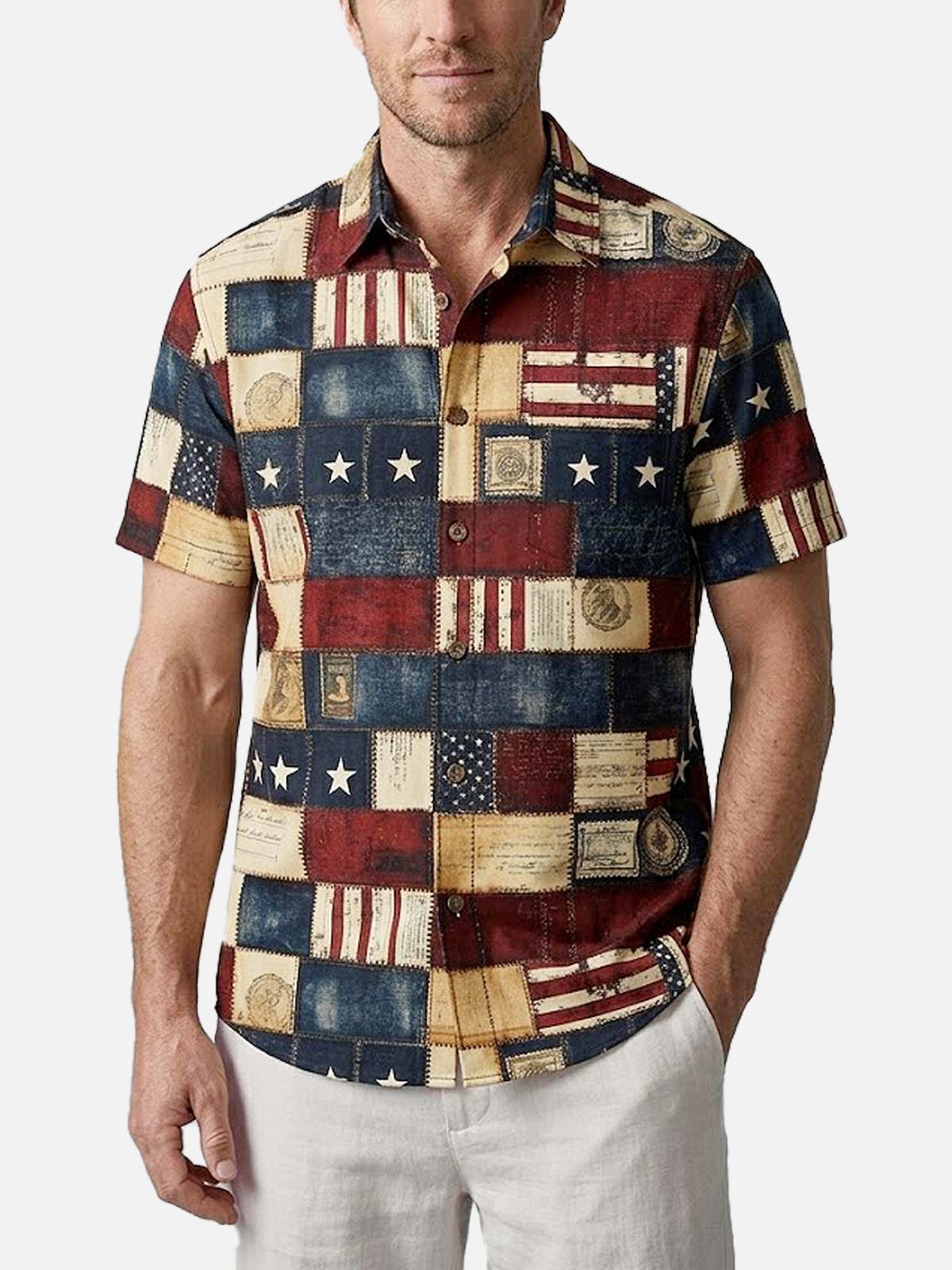Men's Vintage Patchwork Americana Short Sleeve Shirt Eleven Oasis