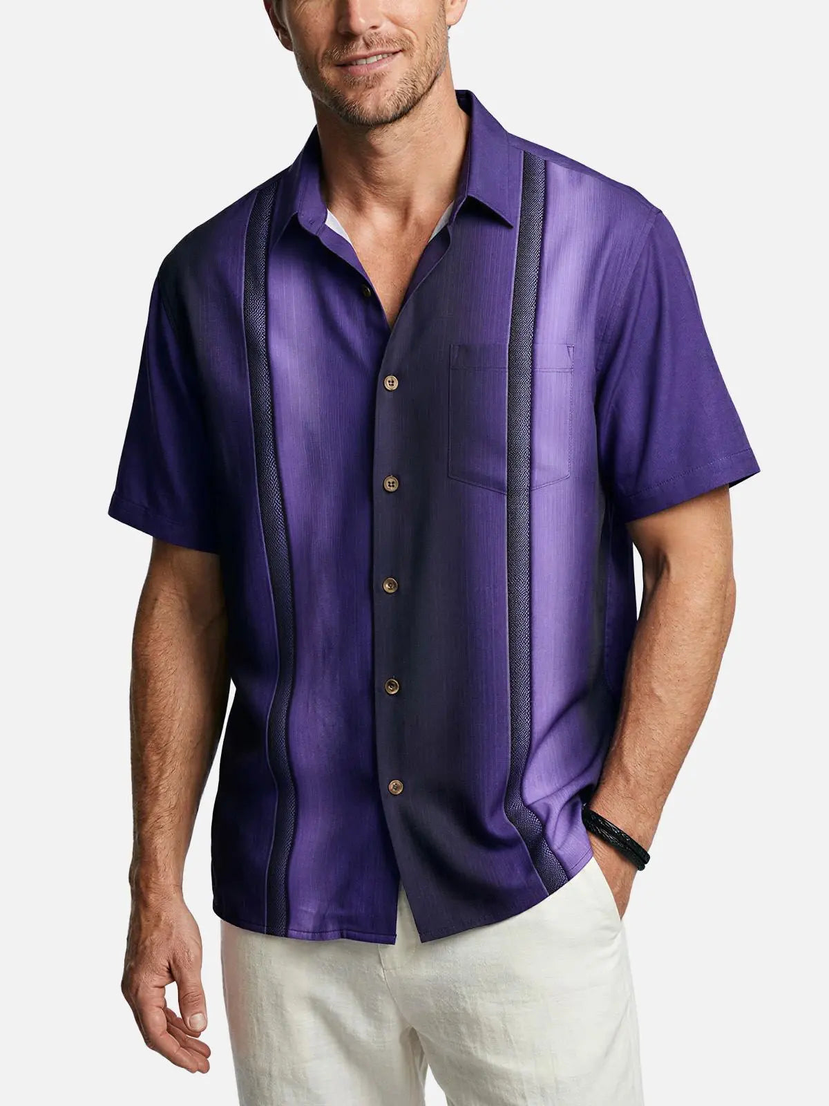 Men's Everyday Purple Gradient Stripes Short Sleeve Shirt ElevenOasis