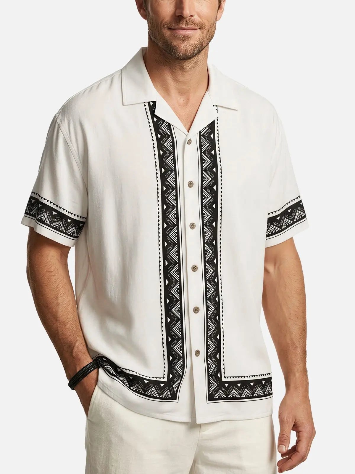 Men's Geometric Border Trim Short Sleeve Shirt ElevenOasis