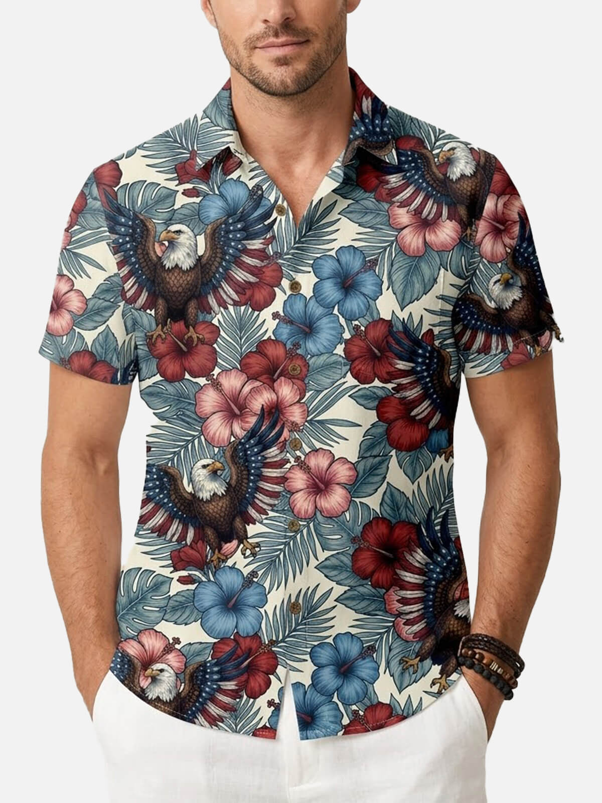 Men's Patriotic Eagle Tropical Floral Short Sleeve Shirt Eleven Oasis