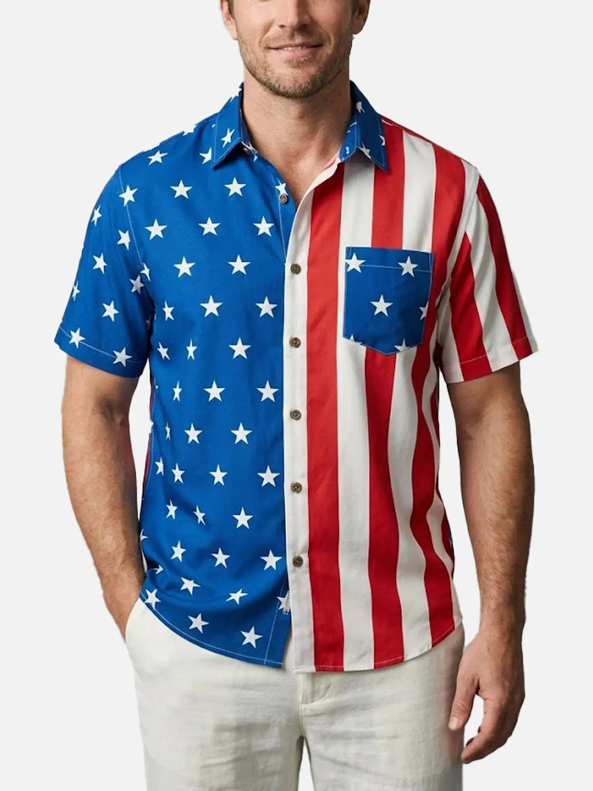 Men's Classic Americana Flag Short Sleeve Shirt, Blue / 4XL / Linen-Feel