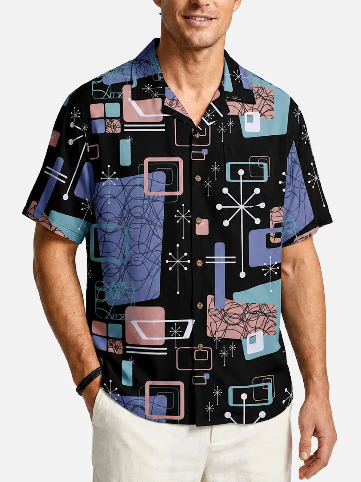 Men's Mid-Century Atomic Mixed Pattern Short Sleeve Shirt ElevenOasis