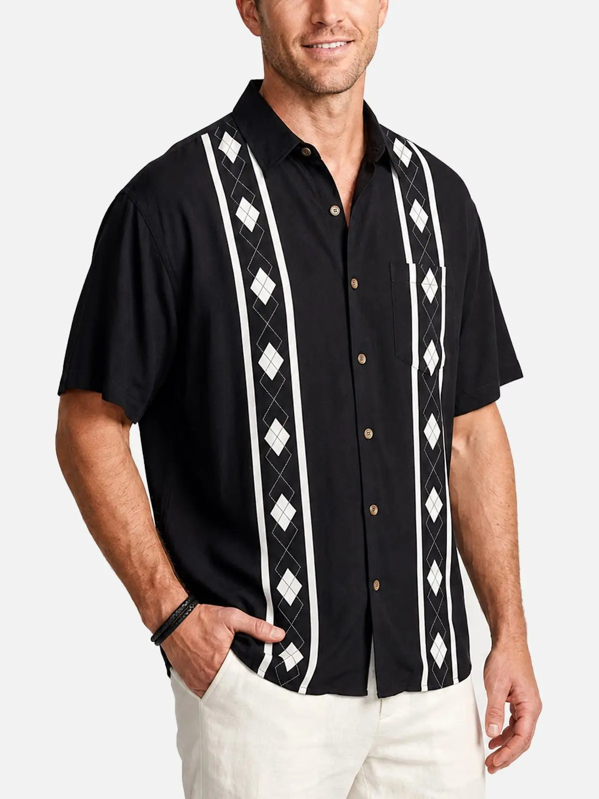 Men's Retro Diamond Stripe Short Sleeve Shirt - Chandler Bing Wardrobe ElevenOasis