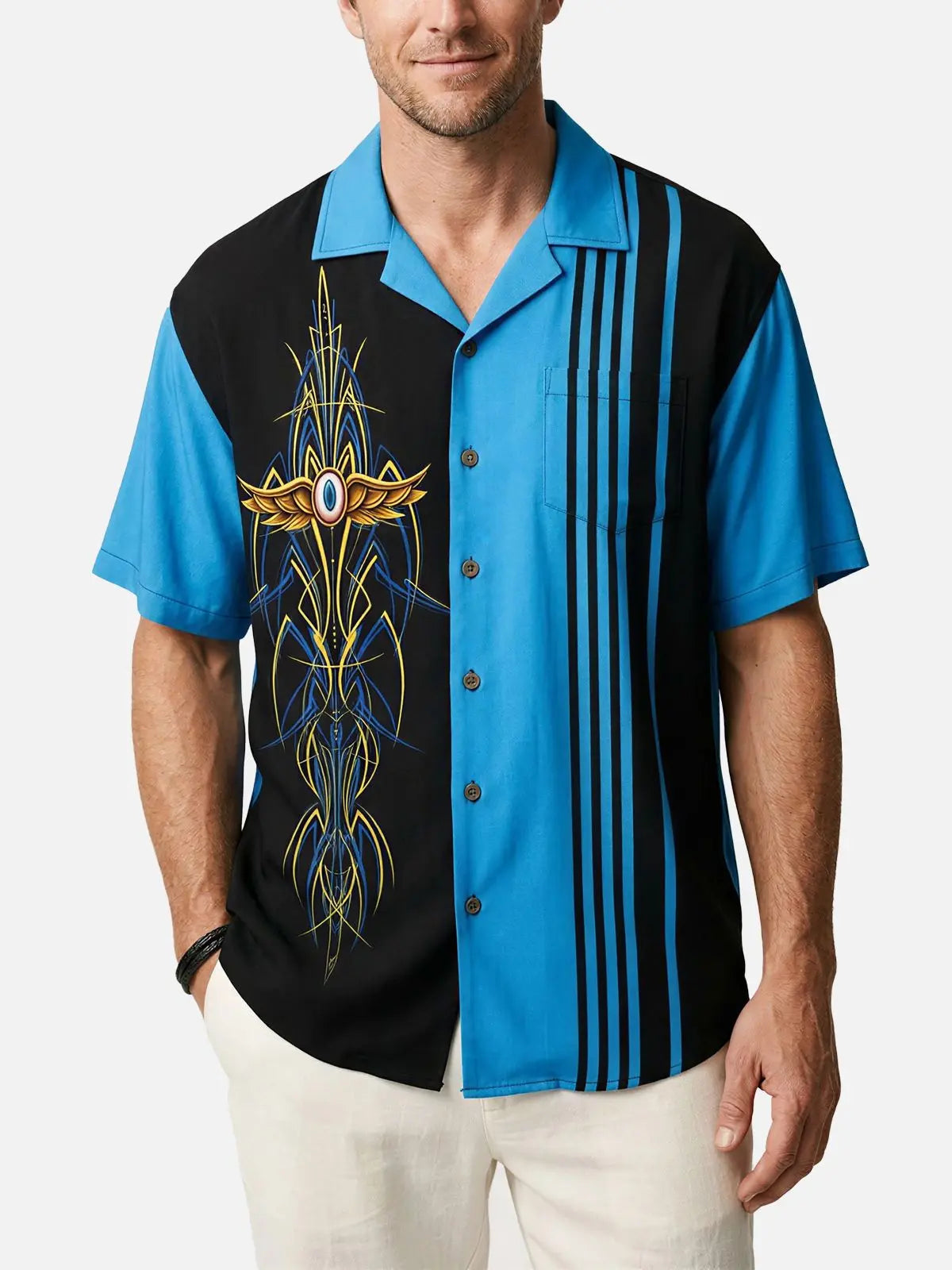 トップス ETHOSENS WAVE PATTERN SHIRT Men's Flying Eye Pinstripe Short Sleeve Shirt | Eleven Oasis