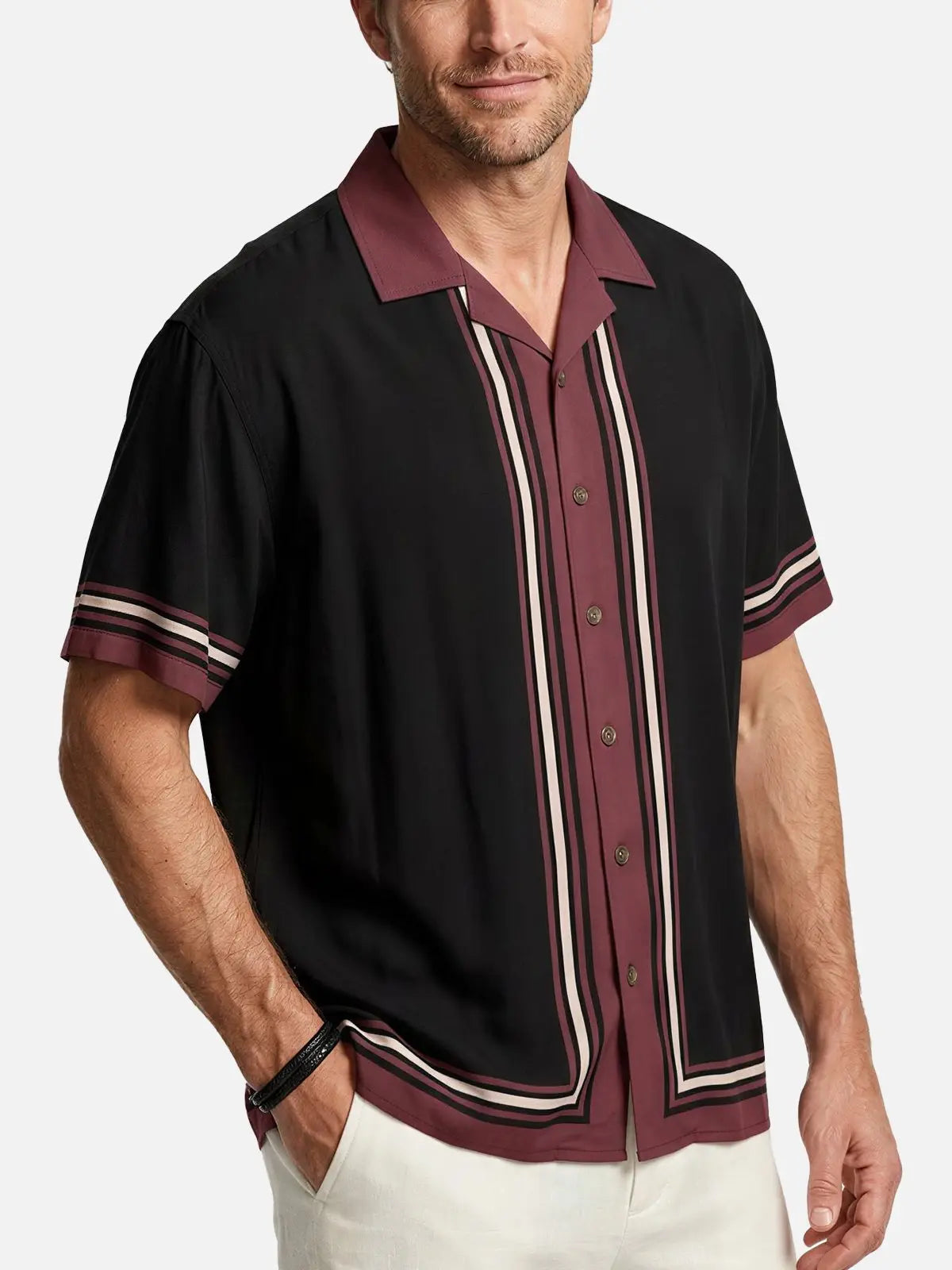 Men's Classic Vertical Stripe Bowling Short Sleeve Shirt ElevenOasis