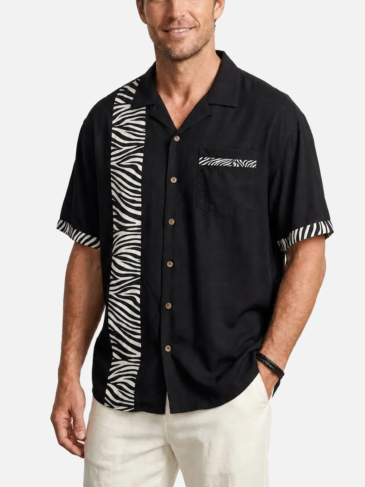 Men's Zebra Stripe Panel Bowling Short Sleeve Shirt ElevenOasis