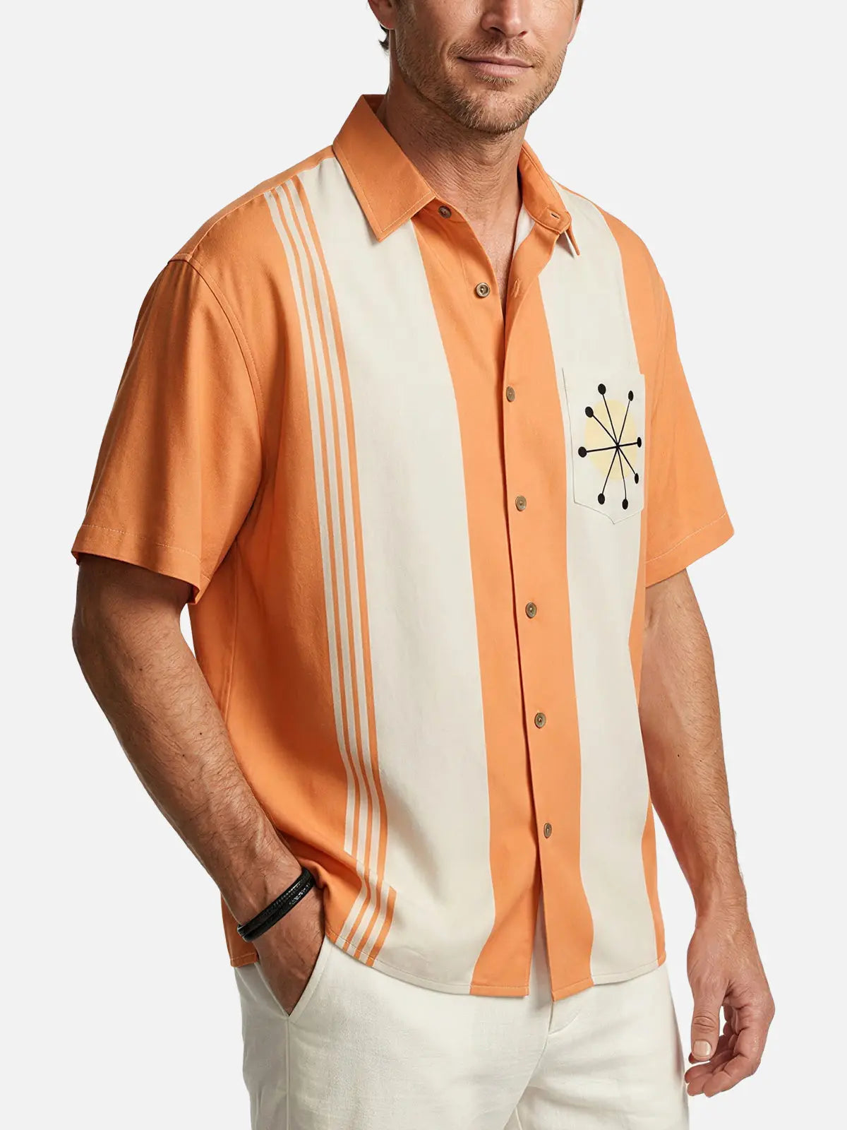 Men's Atomic Starburst Striped Bowling Short Sleeve Shirt ElevenOasis