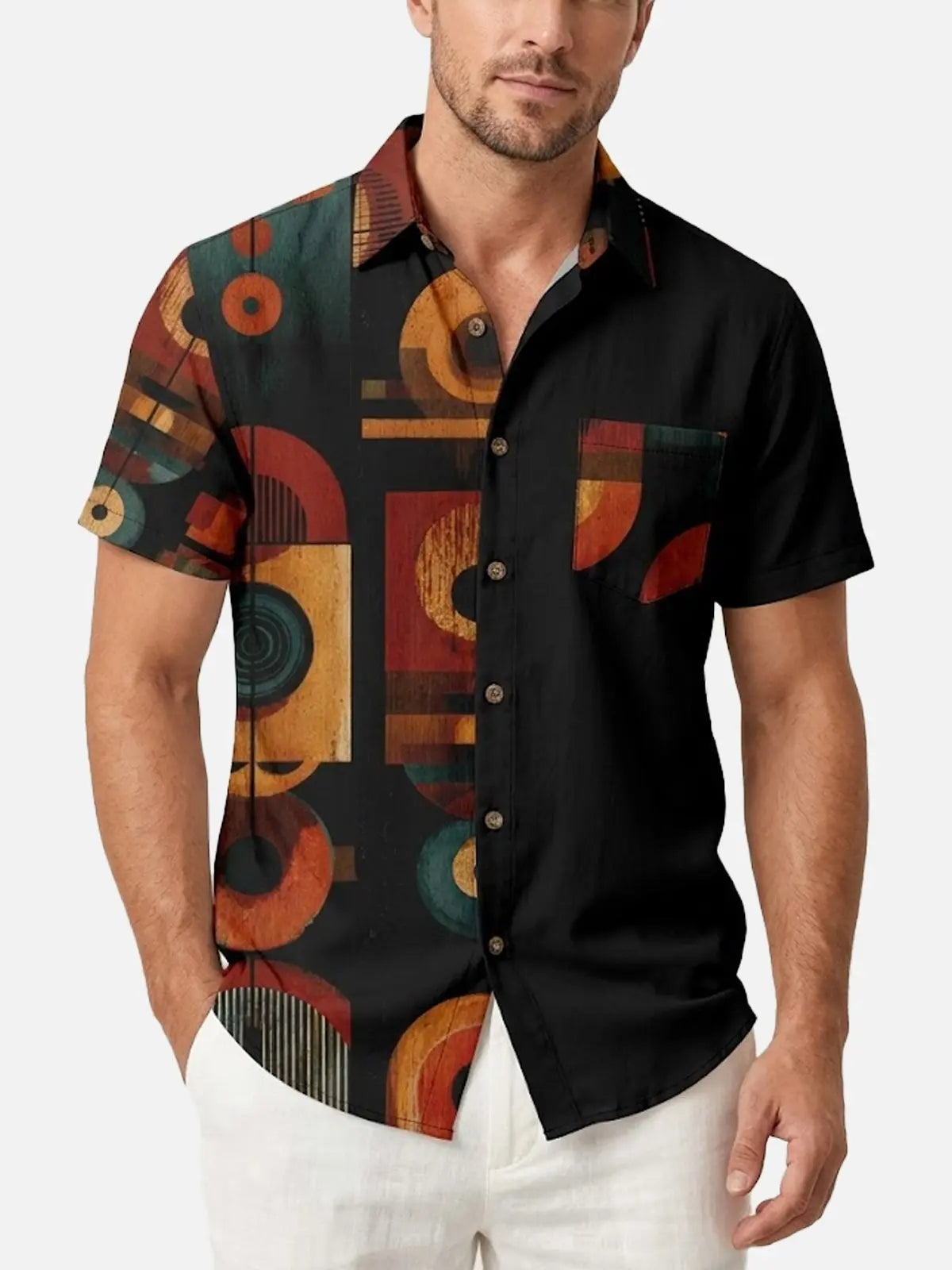 Men's Retro Geometric Panel Short Sleeve Shirt Eleven Oasis