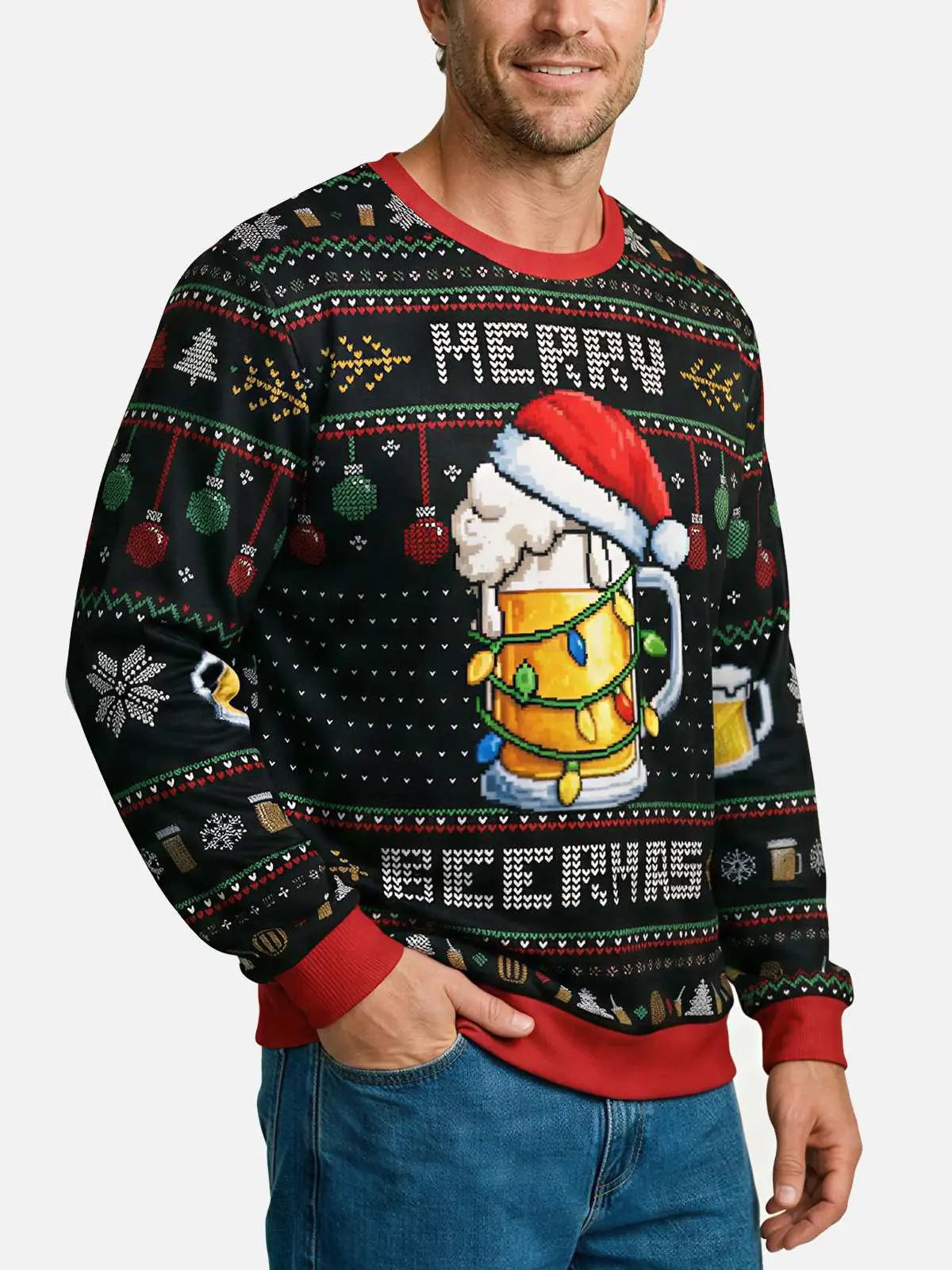 Merry Beermas Beer Mug Ugly Christmas Sweater ElevenOasis