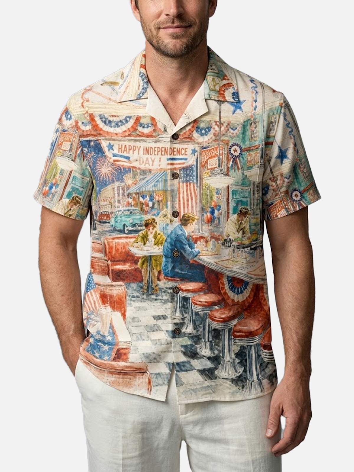 Men's Vintage Diner Independence Day Short Sleeve Shirt ElevenOasis
