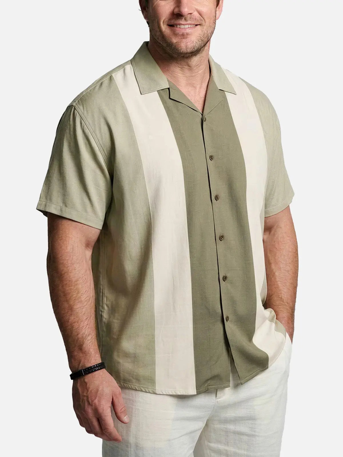 Men's Morandi Color block Panel Stripe Camp Collar Short Sleeve Shirt ElevenOasis