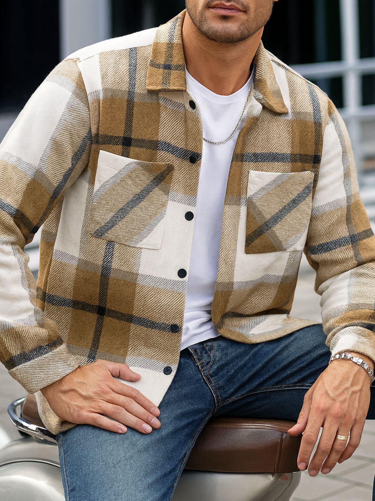 Men's Warm Plaid Button-Up Long Sleeve Shirt Jacket Eleven Oasis