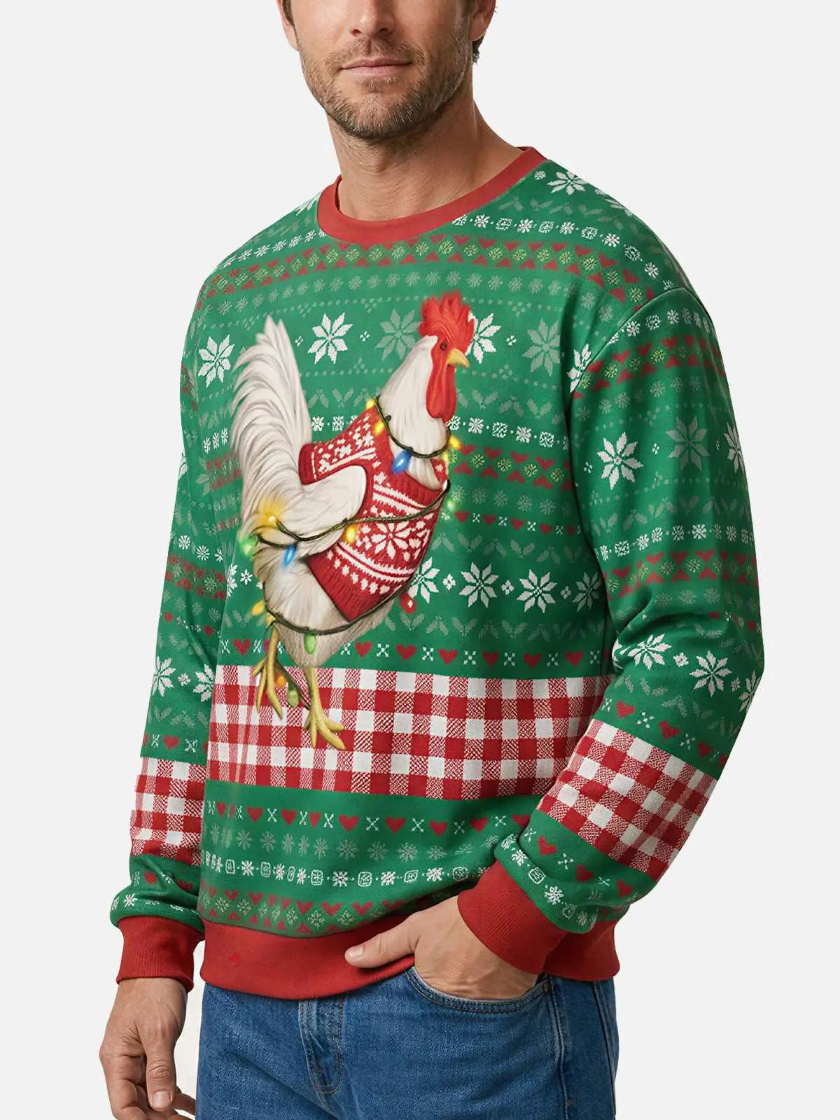 Rooster Christmas Lights Ugly Christmas Sweater ElevenOasis