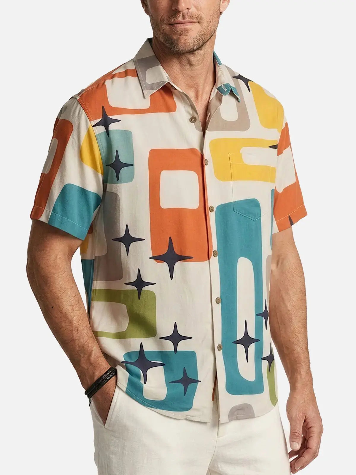Men's Mid-Century Atomic Star Pattern Short Sleeve Shirt ElevenOasis
