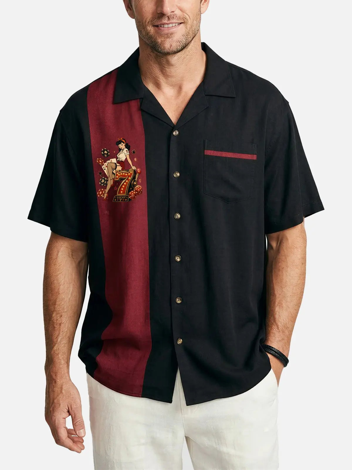 Men's Pin-Up Poker Chip Panel Bowling Short Sleeve Shirt ElevenOasis