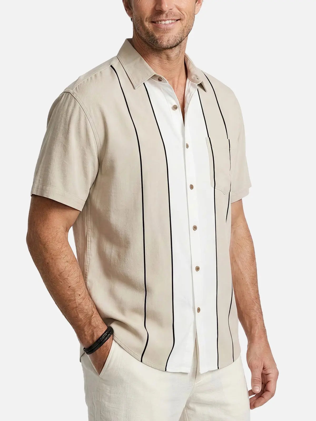 Men's Classic Striped Bowling Style Short Sleeve Shirt ElevenOasis
