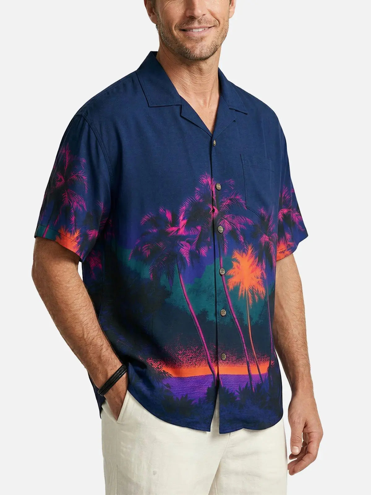 Men's Neon Palm Sunset Camp Collar Short Sleeve Shirt Eleven Oasis