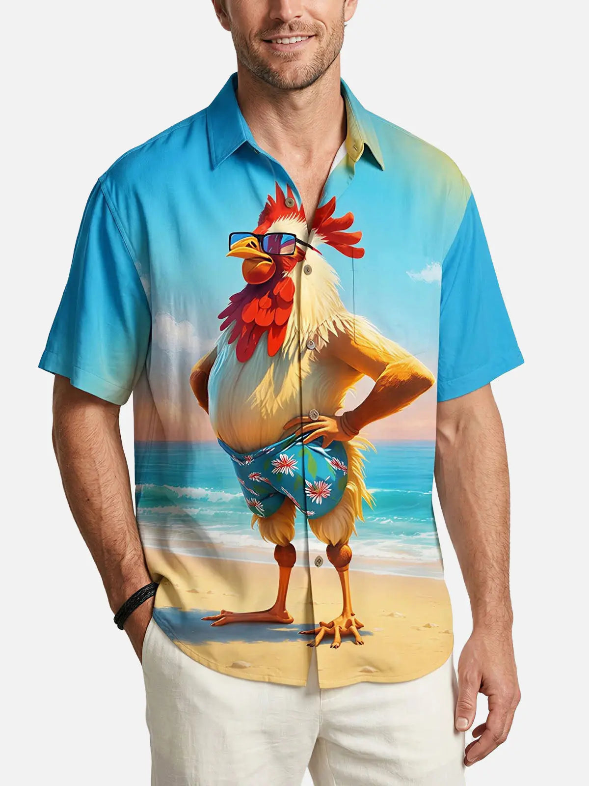 Men's Beach Rooster Hawaiian Short Sleeve Shirt ElevenOasis