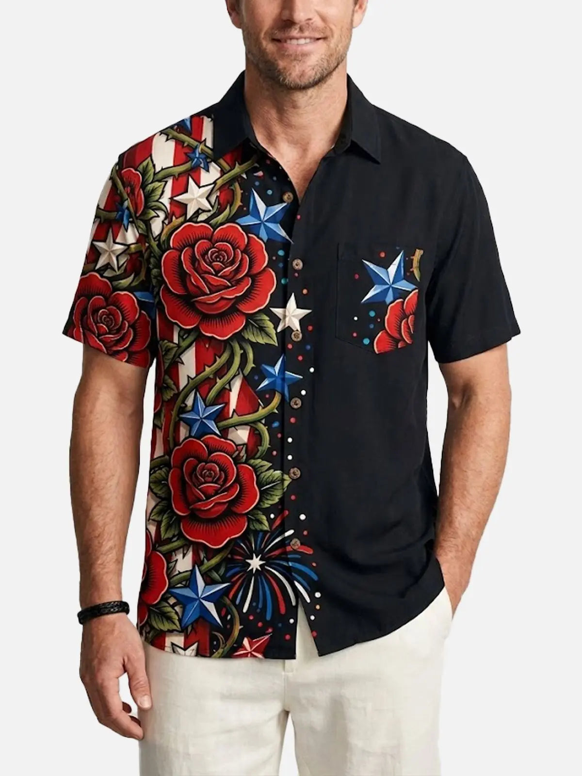 Men's Patriotic Rose Fireworks Short Sleeve Shirt Eleven Oasis