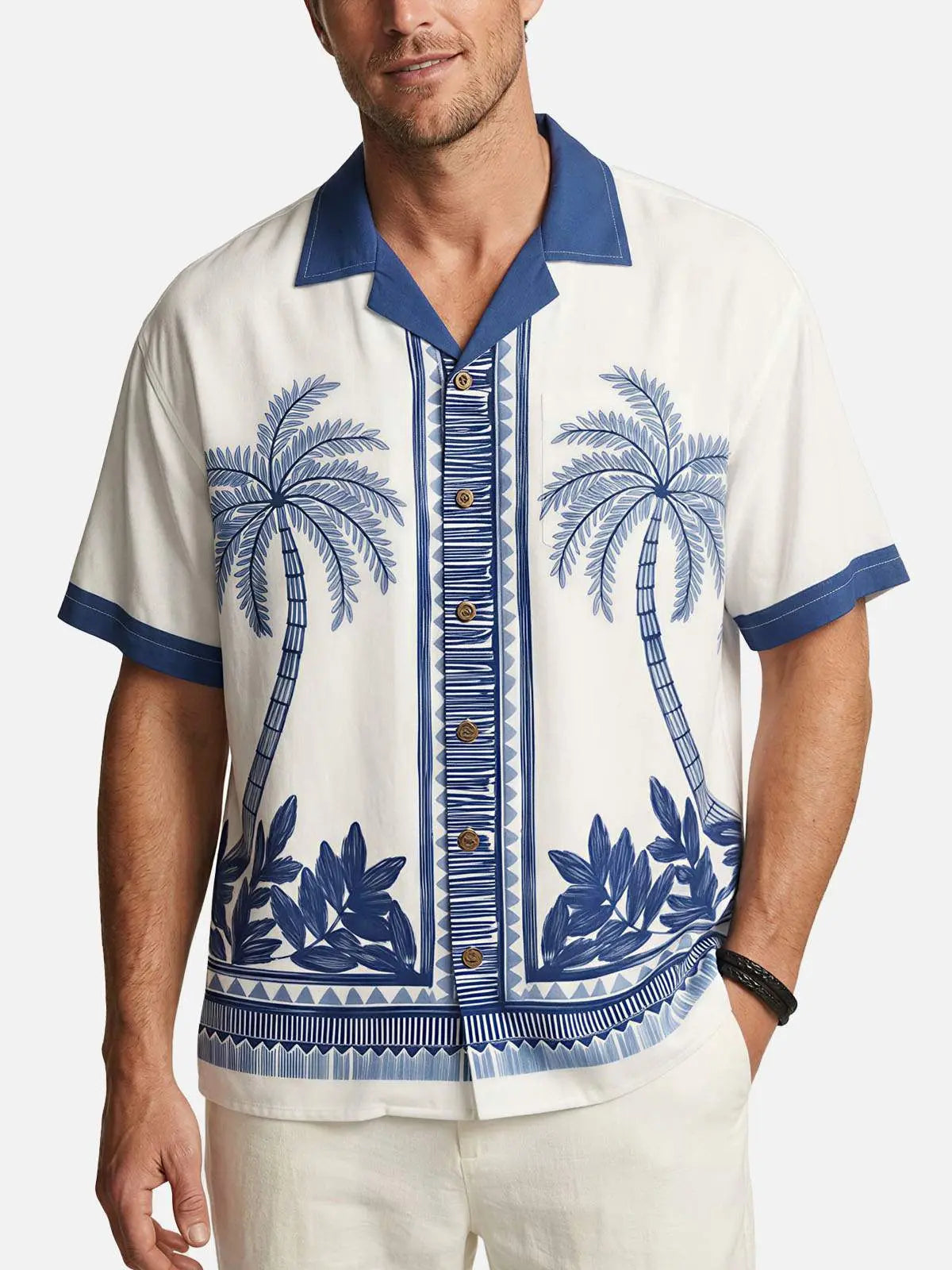 Tall Men's Blue Palm Tile Panel Short Sleeve Shirt ElevenOasis
