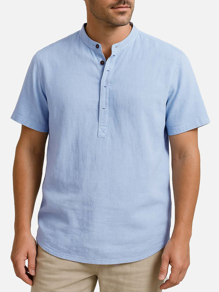 Men's Cotton Linen Band Collar Short Sleeve Shirt Eleven Oasis