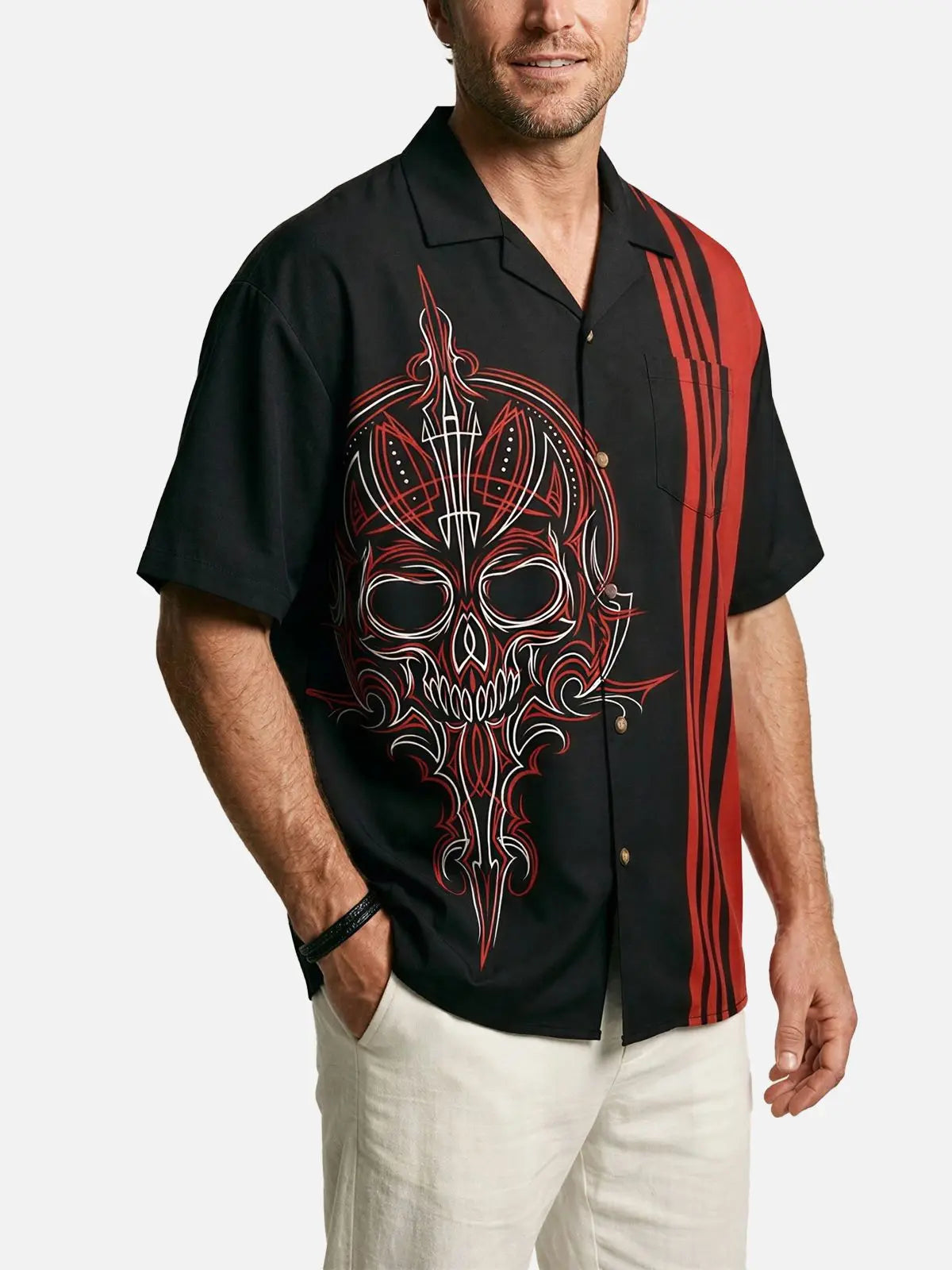 Men's Pinstripe Skull Lowrider Short Sleeve Shirt | Eleven Oasis