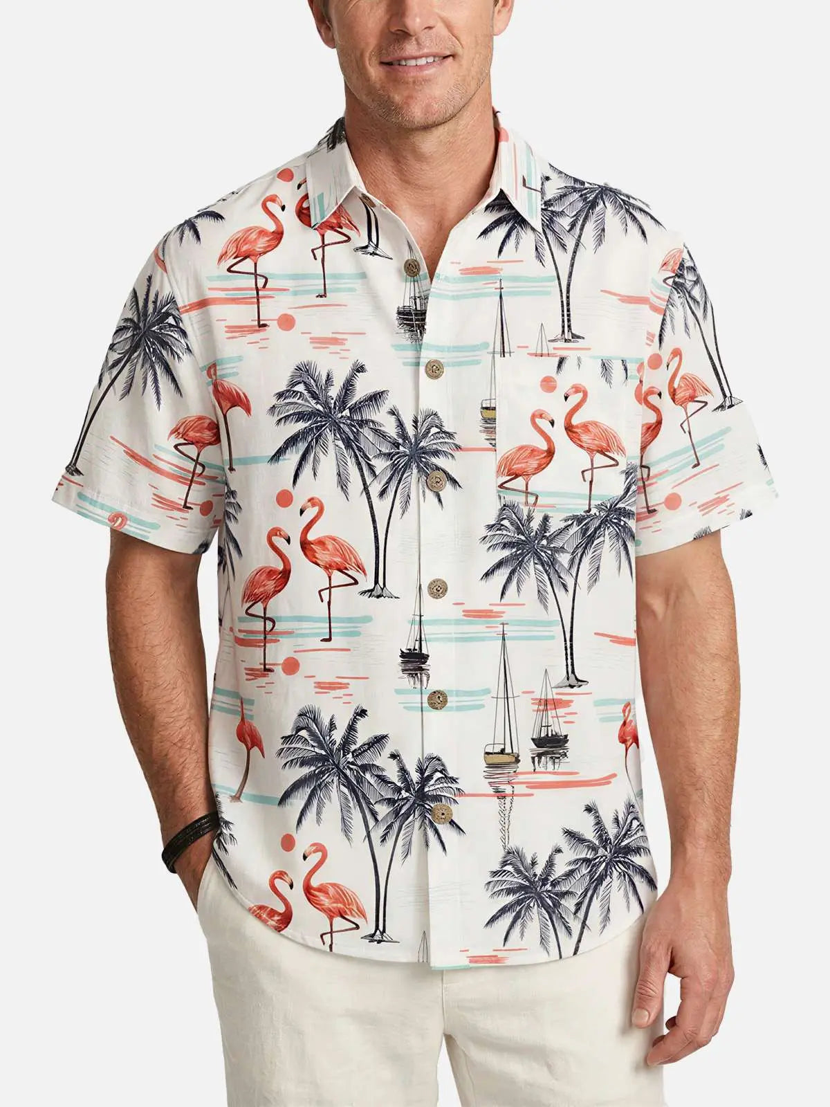 Tall Men's Flamingo Hawaiian Style Short Sleeve Shirt ElevenOasis