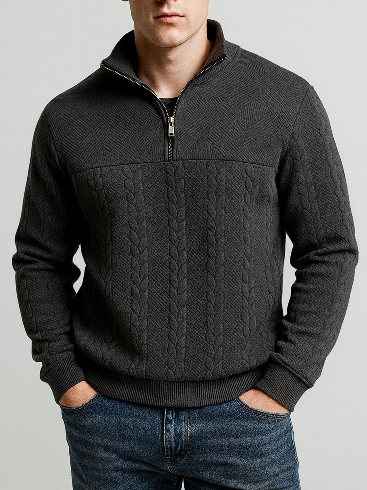 Men's Black Quarter-Zip Textured Pullover Sweatshirt Eleven Oasis