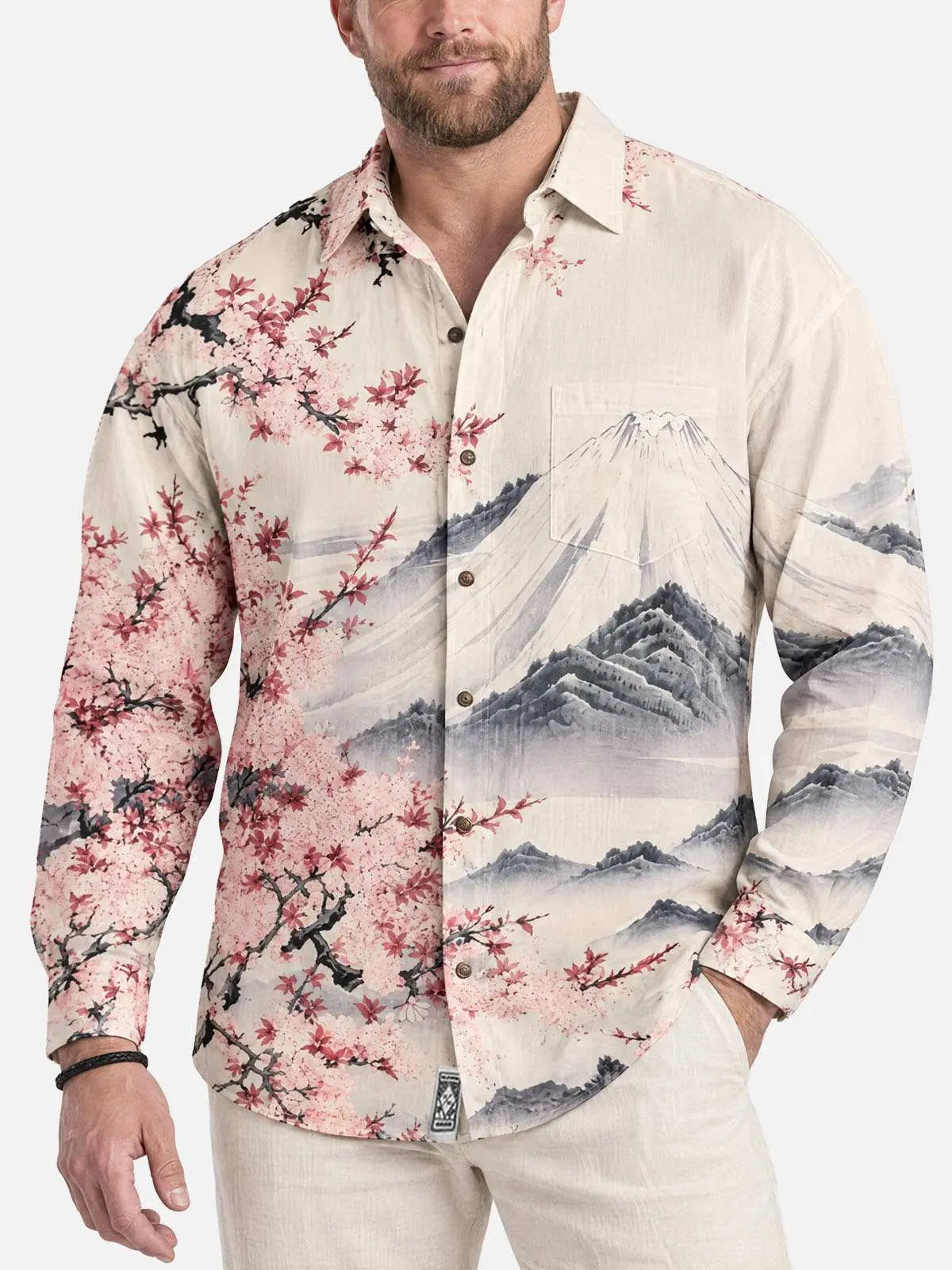 Men's Japan-Inspired Mt Fuji and Cherry Blossoms Long Sleeve Casual Shirt 