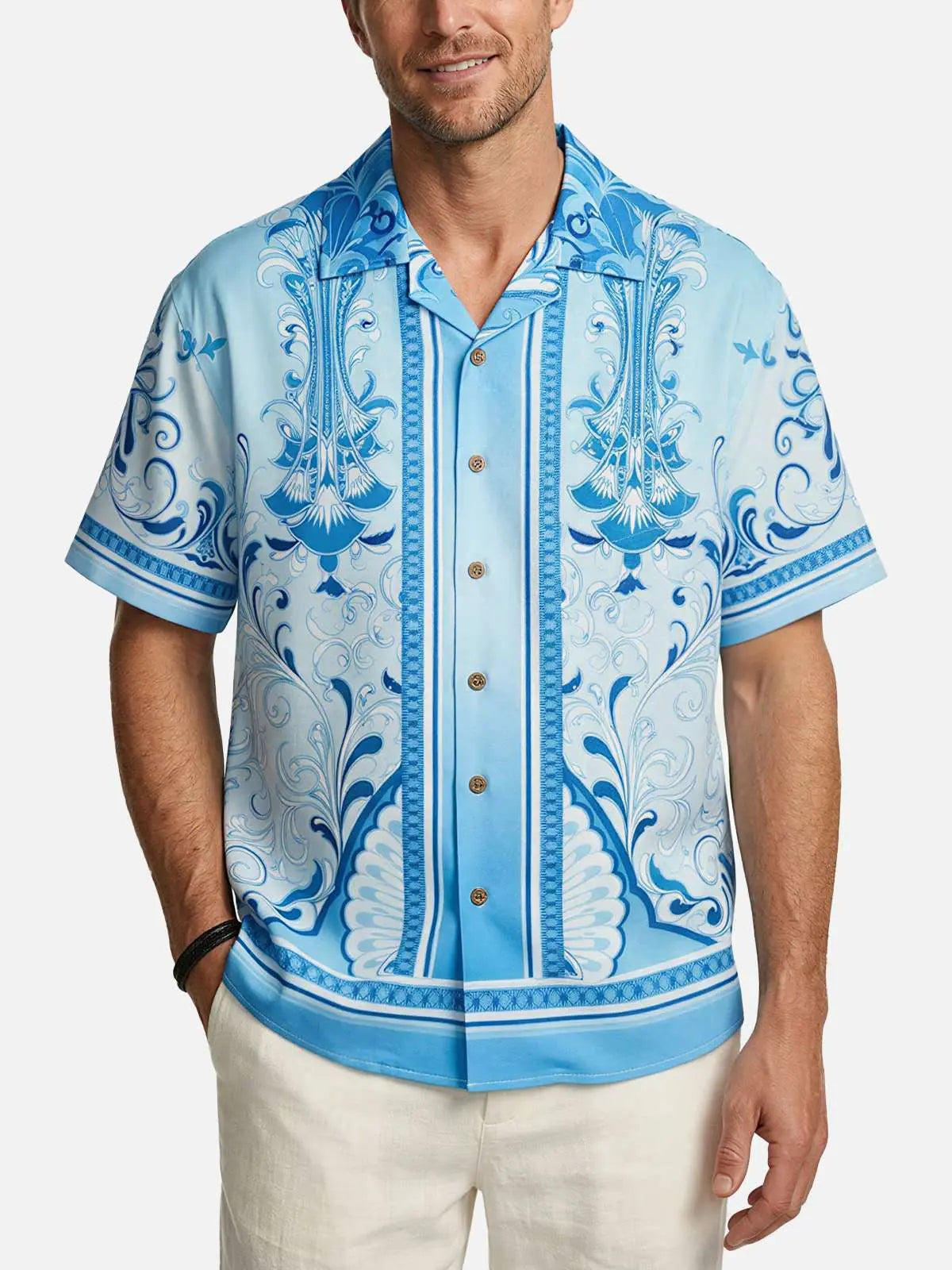 Men's Baroque Scrollwork Panel Camp Collar Short Sleeve Shirt Eleven Oasis