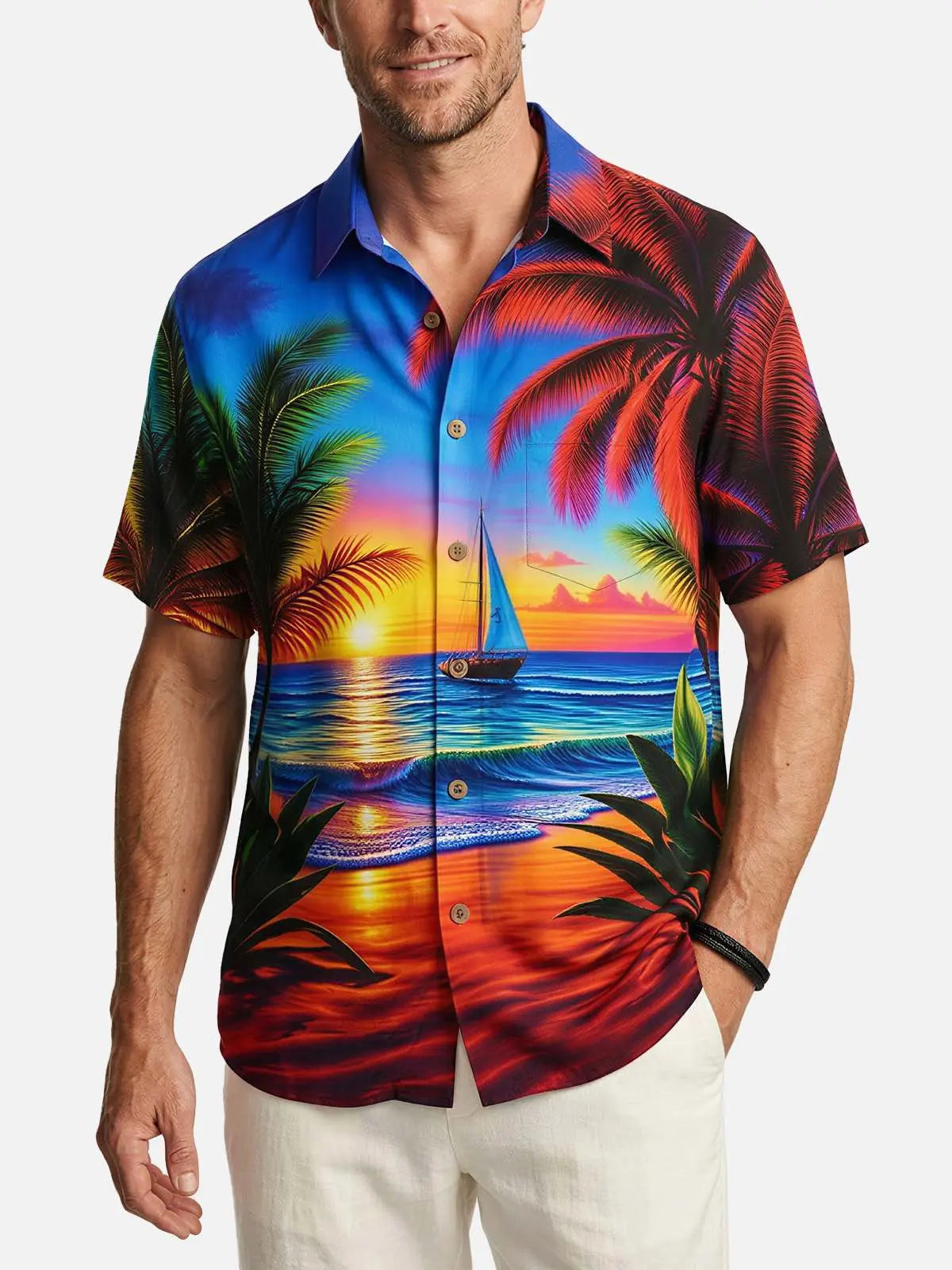 Men's Vibrant Sunset Beach Ocean Sand Vacation Short Sleeve Shirt ElevenOasis