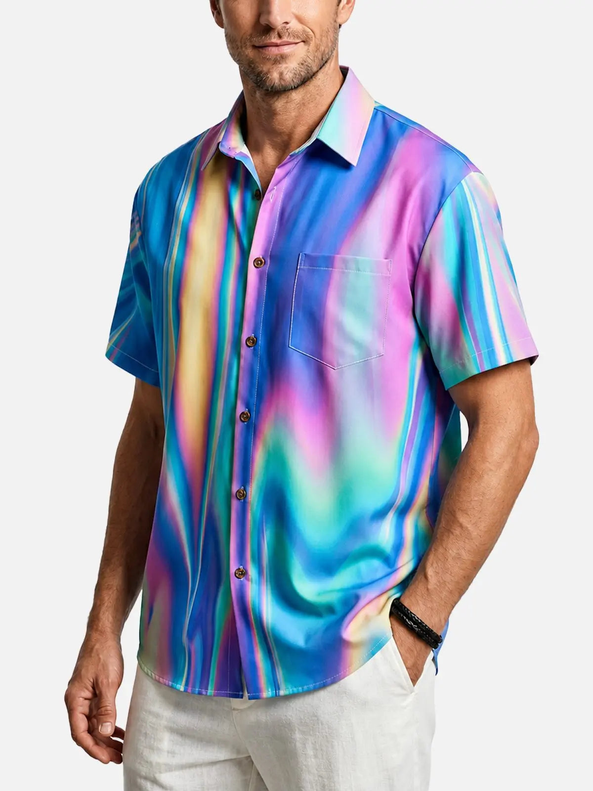 Men's Casual Blue Iridescent Short Sleeve Shirt ElevenOasis