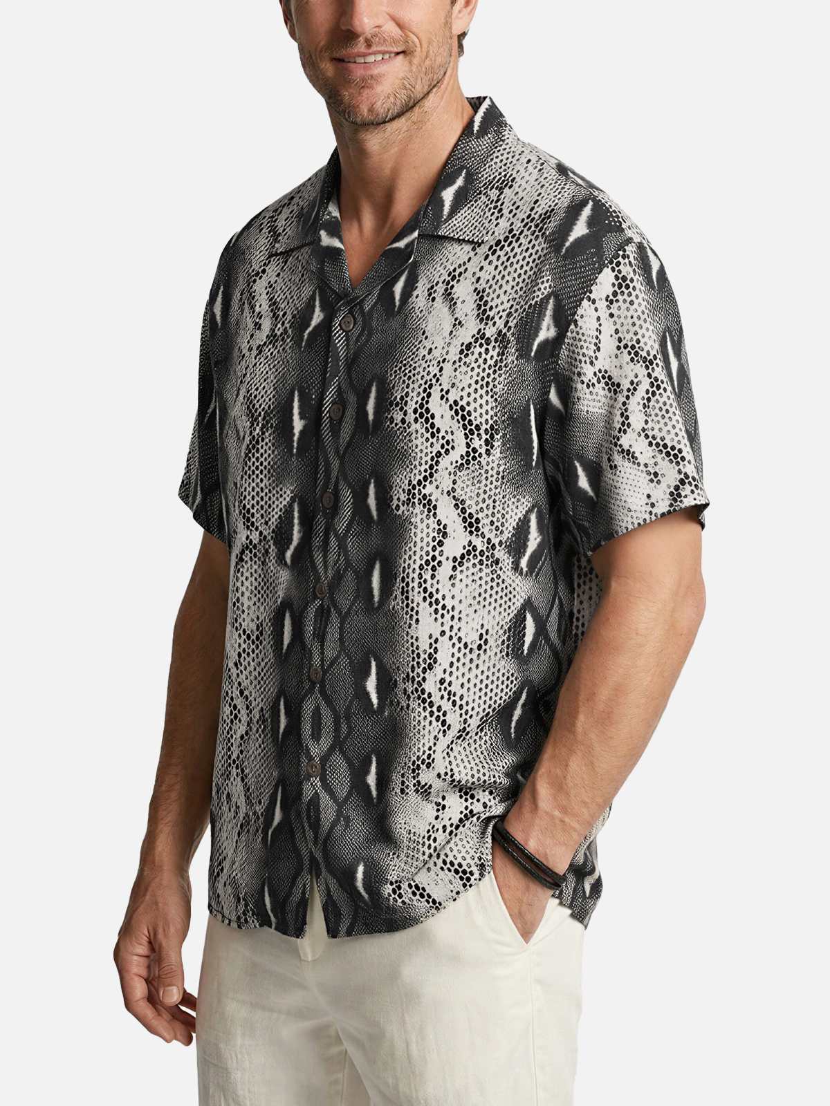 Men's Snakeskin Print Camp Collar Short Sleeve Shirt ElevenOasis