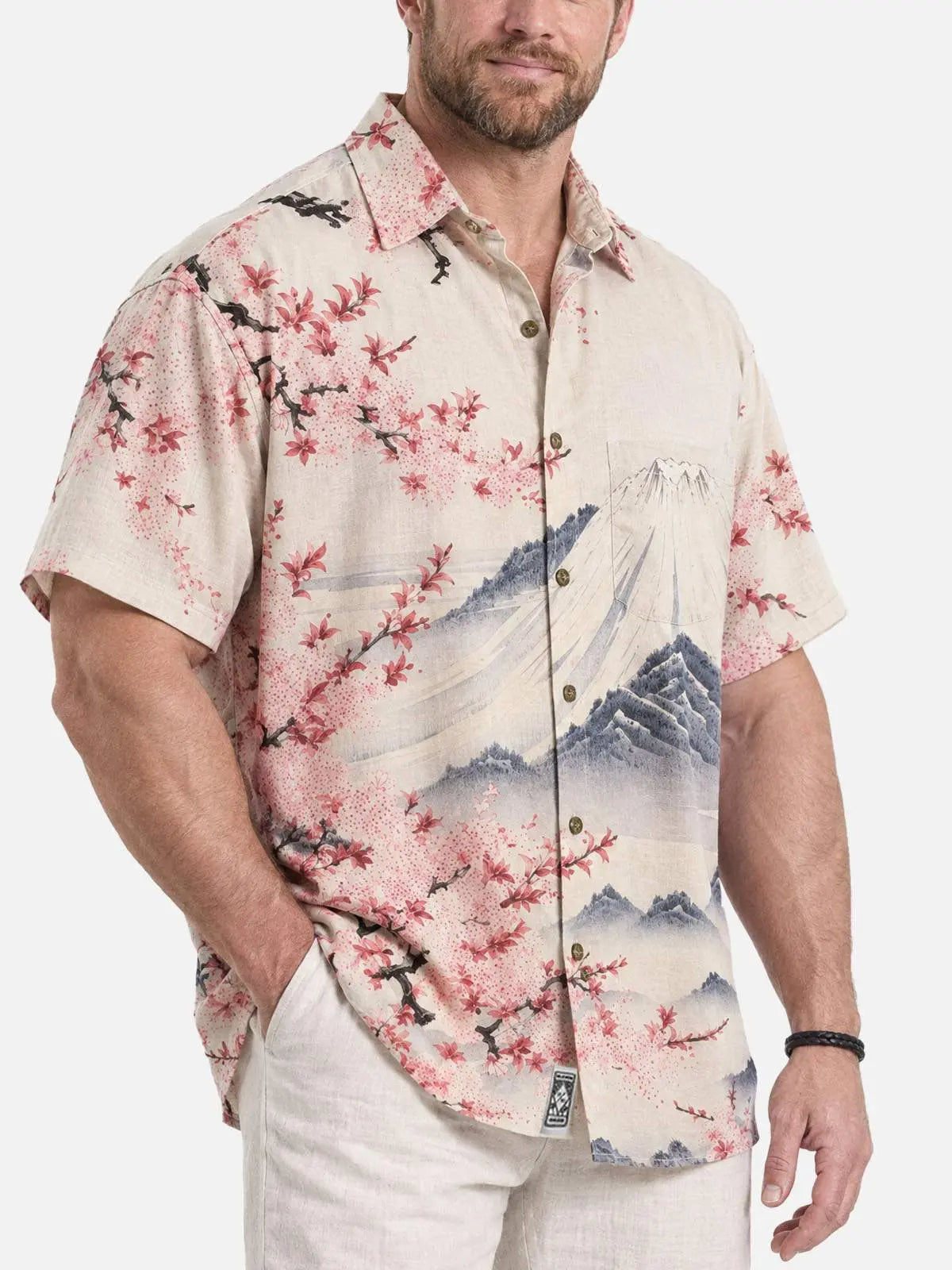 Men's Japan-Inspired Mt Fuji and Cherry Blossoms Short Sleeve Casual Shirt?