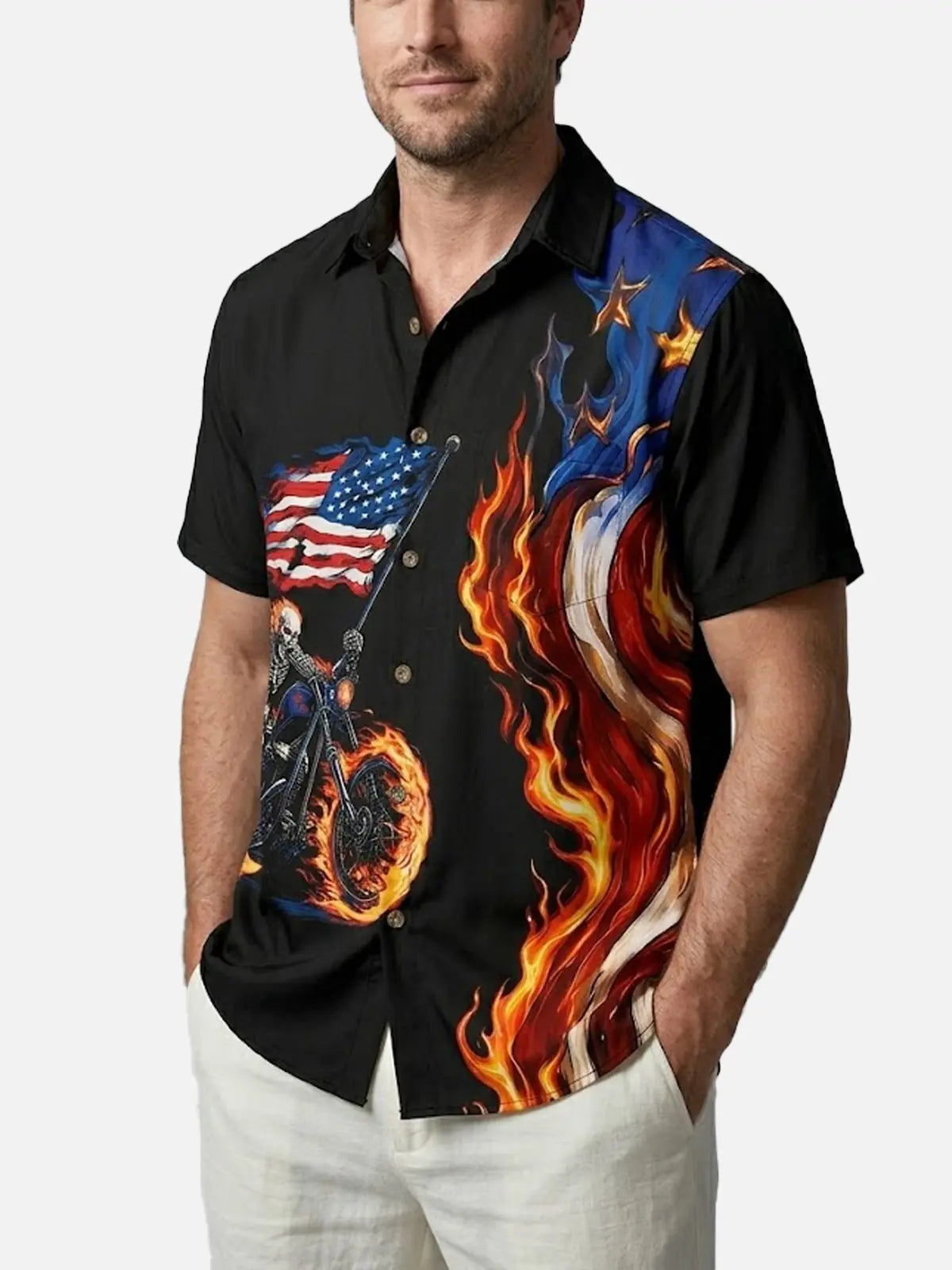 Men's Flaming Skeleton Biker Short Sleeve Shirt Eleven Oasis