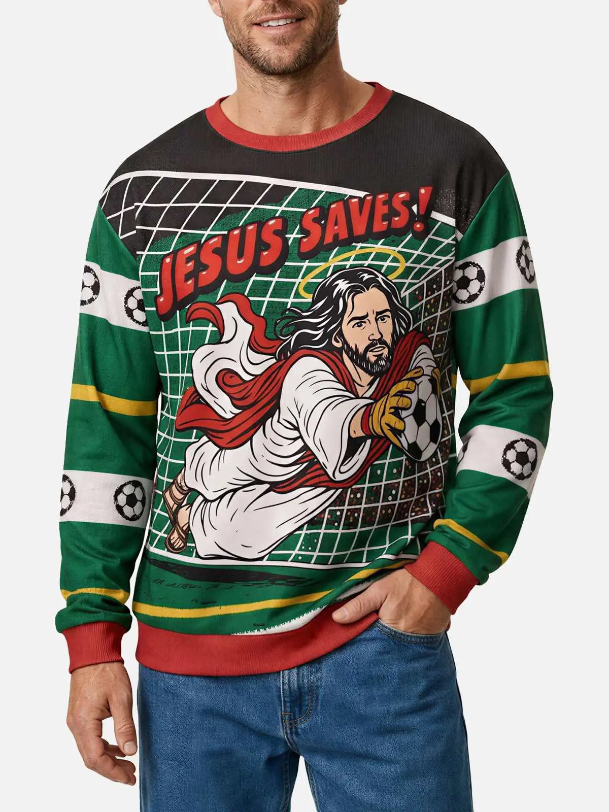 Jesus Saves Soccer Ugly Christmas Sweater ElevenOasis