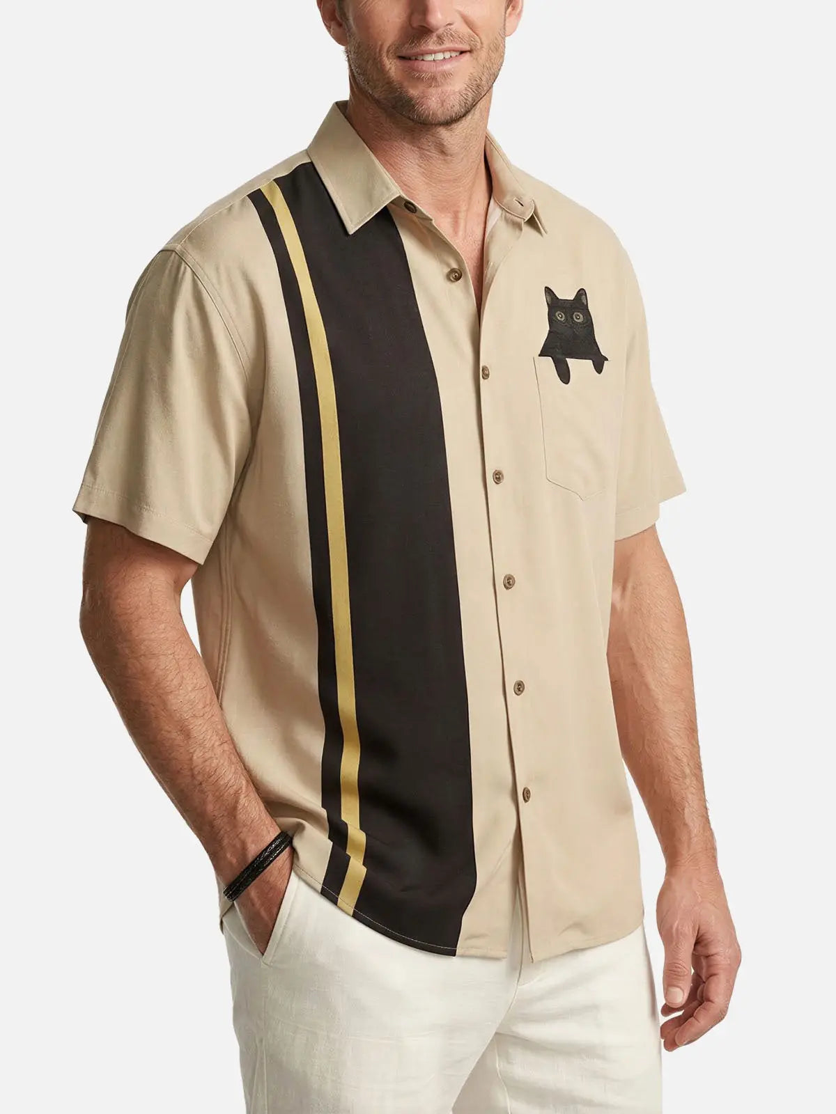 Men's Black Cat in Pocket Graphic Short Sleeve Shirt ElevenOasis