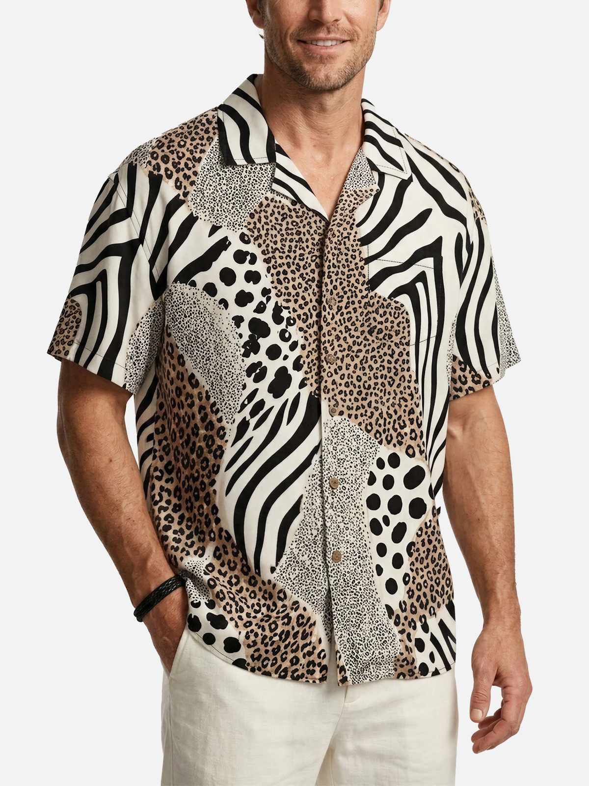 Men's Mixed Animal Print Camp Collar Short Sleeve Shirt ElevenOasis