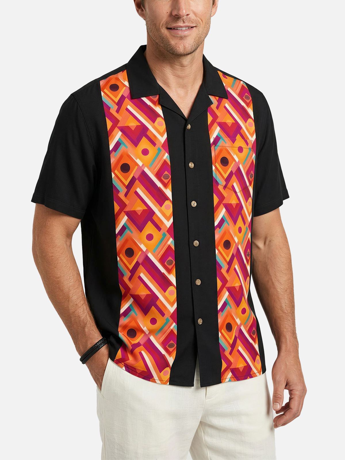 Men's Retro Geometric Panel Bowling Short Sleeve Shirt Eleven Oasis