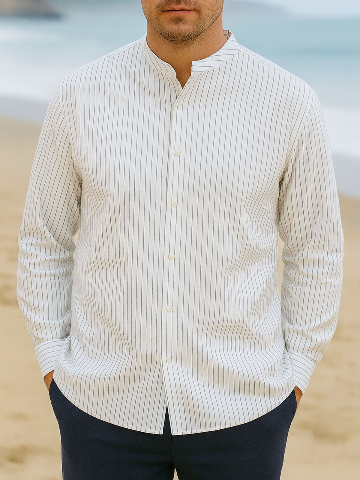 Men's Pinstripe Linen Blend Long Sleeve Shirt ElevenOasis